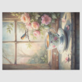 みすぼらしいシックなヴィンテージバード赤面ピンクの牡丹の窓 薄葉紙 (正面)