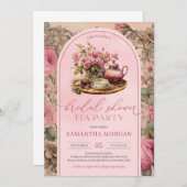 みすぼらしいシックなヴィンテージ明るい赤紫色ピンクブライダルティーパーティー 招待状 (正面/裏面)