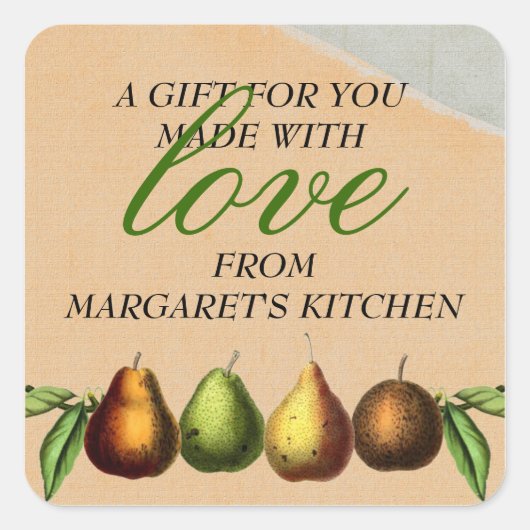 みすぼらしいシックなヴィンテージ梨フルーツギフトラベルラベル スクエアシール (正面)