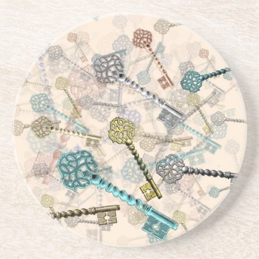 みすぼらしいシックなヴィンテージ鍵プリント、微妙な、陰淡い色の色 コースター (正面)