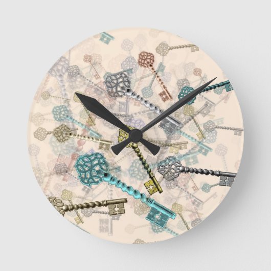 みすぼらしいシックなヴィンテージ鍵プリント、微妙な、陰淡い色の色 ラウンド壁時計 (正面)