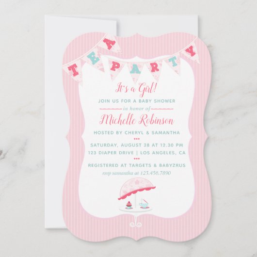 みすぼらしいシックな女の子ベビーシャワーティーパーティの招待状 招待状 (正面)