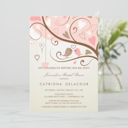 みすぼらしいシックな愛の鳥のブライダルシャワーの招待 招待状 (スタンド正面)