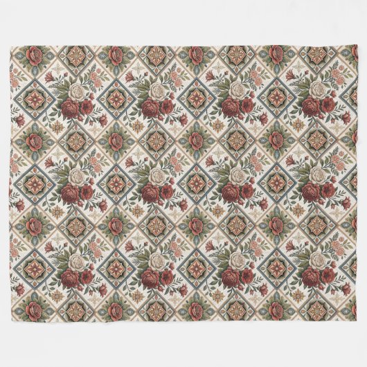 みすぼらしいシックな毛布エレガント赤いバラのタイルモチーフ フリースブランケット (正面(横))