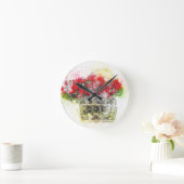 みすぼらしいシックな水色の赤いバラをバスケットに ラウンド壁時計 (ホーム)