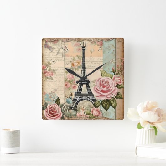 みすぼらしいシックな紙パリ – スクエア壁時計 (ホーム)