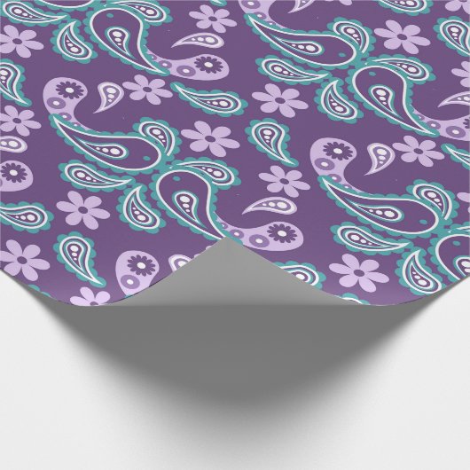 みすぼらしいシックな紫とブルーのペイズリーパターン ラッピングペーパー (角)