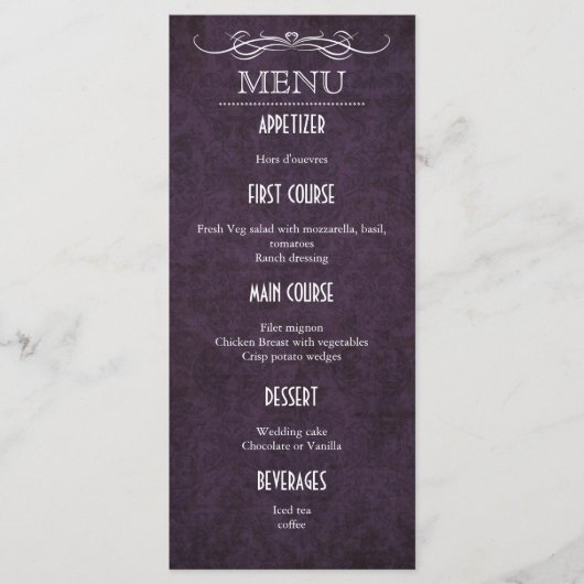 みすぼらしいシックな紫ヴィンテージ結婚式のメニューカード メニュー (正面)