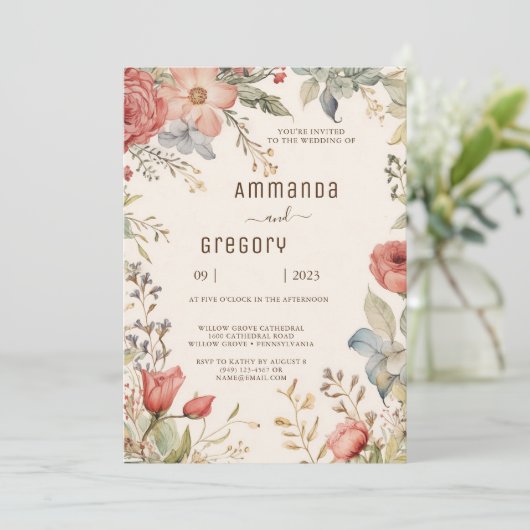 みすぼらしいシックな結婚ワイルドフラワーズ 招待状 (スタンド正面)