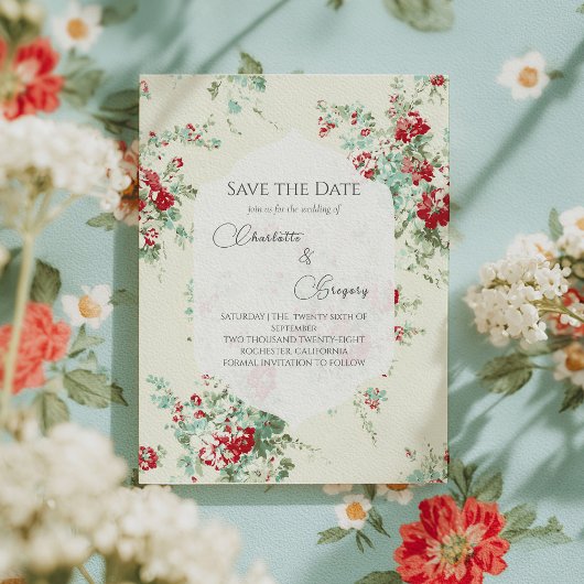 みすぼらしいシックな花模様日付を保存 案内ポストカード