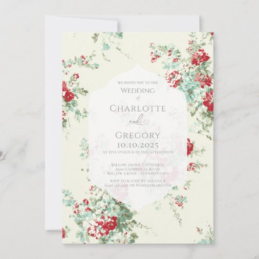 みすぼらしいシックな花模様結婚ズ 招待状 (正面)