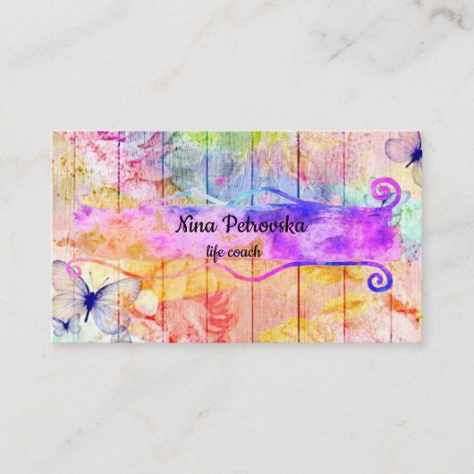 みすぼらしいシックな蝶とバラオンウッド素朴 名刺 (正面)