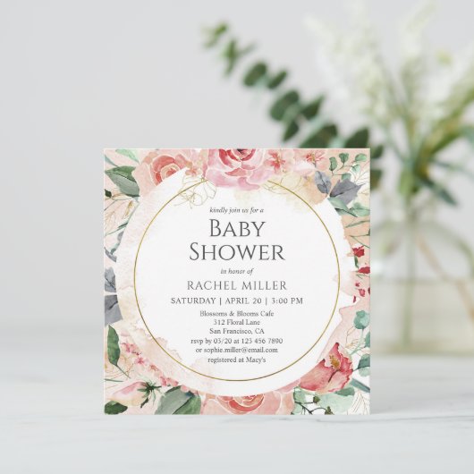 みすぼらしいシックな赤ちゃんシャワー水カラーフローラ 招待状 (スタンド正面)