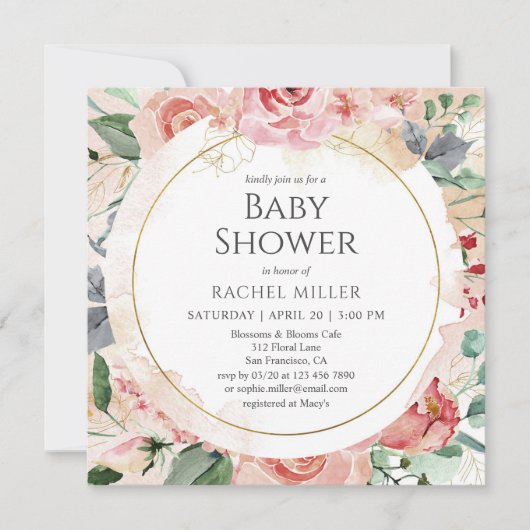 みすぼらしいシックな赤ちゃんシャワー水カラーフローラ 招待状 (正面)