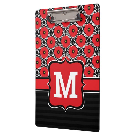 みすぼらしいシックな赤と黒と白のケシのモノグラム クリップボード (左)