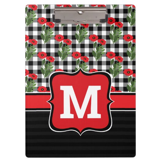 みすぼらしいシックな赤と黒と白のケシのモノグラム クリップボード (正面)
