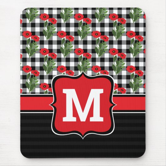 みすぼらしいシックな赤と黒と白のケシのモノグラム マウスパッド (正面)