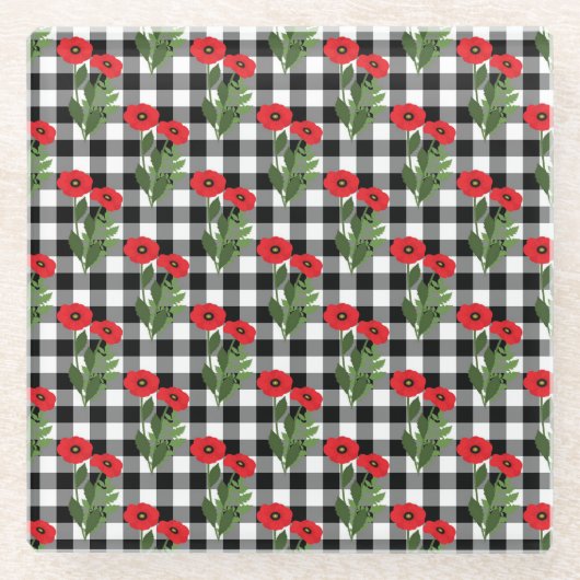 みすぼらしいシックな赤と黒と白のポピーのフローラ ガラスコースター (正面)