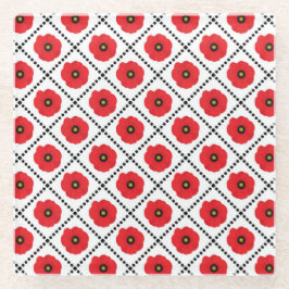 みすぼらしいシックな赤と黒と白のポピーのフローラ ガラスコースター