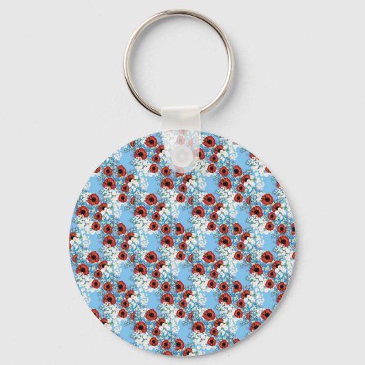 みすぼらしいシックな青い赤いフローラの花のプリントby LeahG キーホルダー (正面)