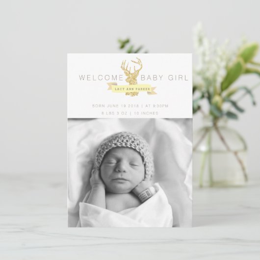 みすぼらしいシックな鹿の誕生発表写真 案内状 (スタンド正面)