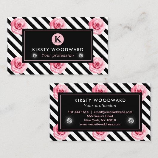 みすぼらしいシックエレガントなピンクとブラックのバラパターン 名刺 (正面/裏面)