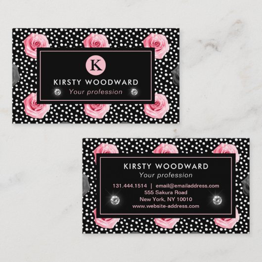 みすぼらしいシックエレガントなピンクとブラックのバラパターン 名刺 (正面/裏面)