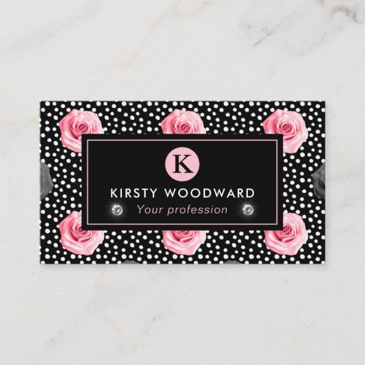 みすぼらしいシックエレガントなピンクとブラックのバラパターン 名刺 (正面)