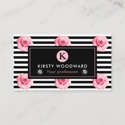 みすぼらしいシックエレガントなピンクとブラックのバラパターン 名刺 (正面)