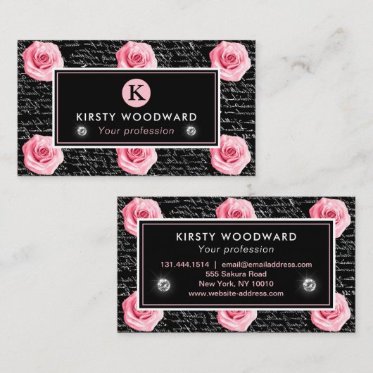 みすぼらしいシックエレガントなピンクとブラックのバラパターン 名刺 (正面/裏面)