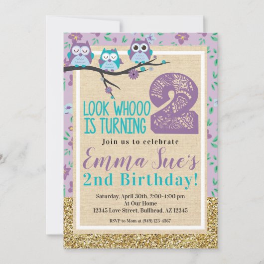 みすぼらしいシックパープルフクロウの誕生日 招待状 (正面)