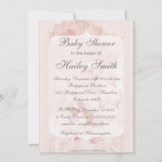 みすぼらしいシックピンクの牡丹の花のベビーシャワー 招待状 (裏面)