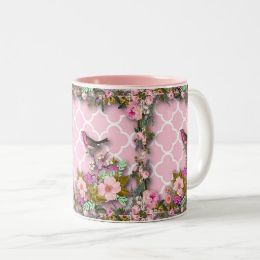 みすぼらしいシックフランスの、シック、ヴィンテージ、フローラ、素朴、ビ ツートーンマグカップ (正面右)