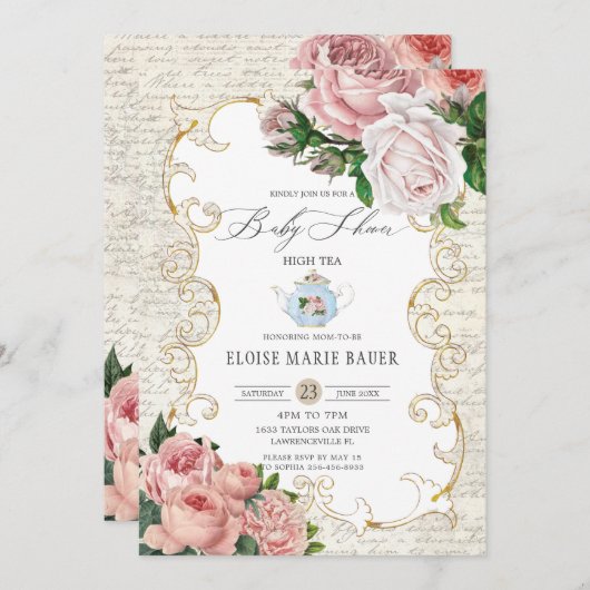 みすぼらしいシックヴィンテージフランスのバラベビーシャワー招待 招待状 (正面/裏面)