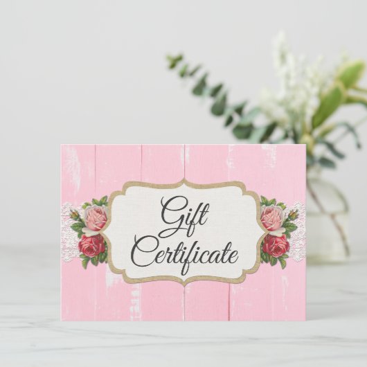 みすぼらしいシック素朴ウッドピンクのギフト券カード 招待状 (スタンド正面)