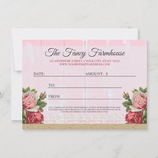 みすぼらしいシック素朴ウッドピンクのギフト券カード 招待状 (裏面)