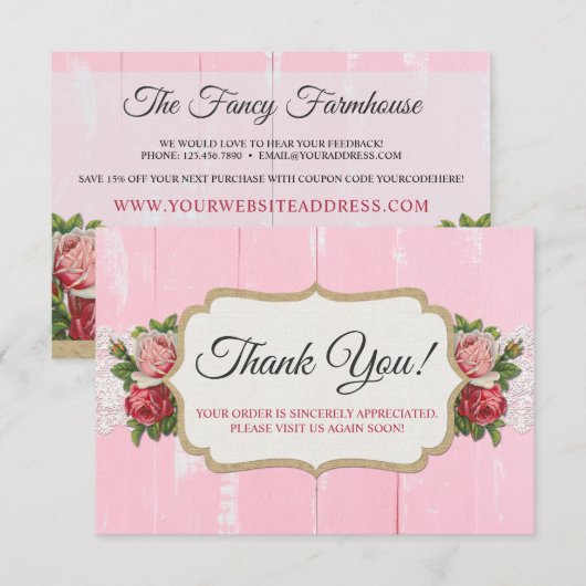 みすぼらしいシック素朴ウッドピンクフローラサンキューカード 招待状 (正面/裏面)