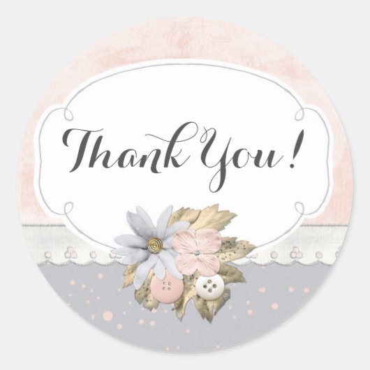 みすぼらしいシック素朴フローラ裁縫ボタンありがとう ラウンドシール (正面)