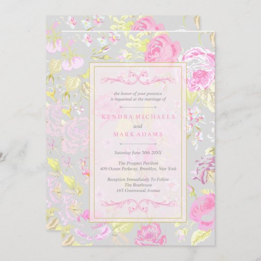 みすぼらしいシック、ピンク&グレー結婚式招待状 招待状 (正面/裏面)