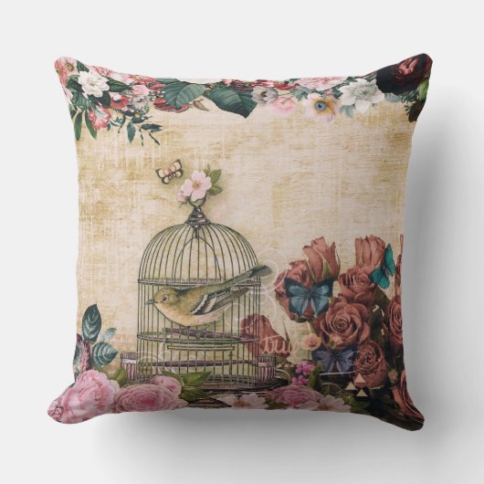 みすぼらしいシック、ヴィンテージコラージュ、鳥、蝶、花 クッション (正面)