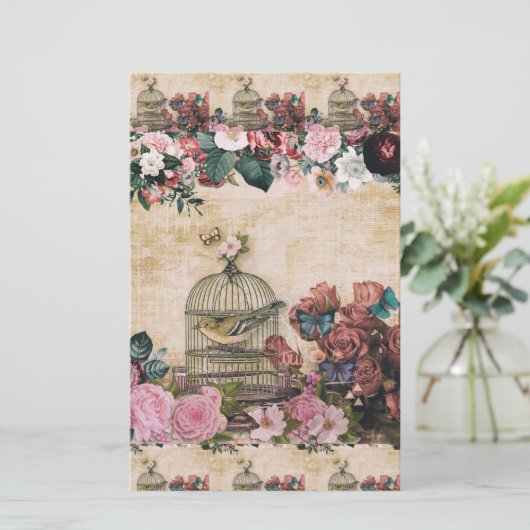 みすぼらしいシック、ヴィンテージコラージュ、鳥、蝶、花 便箋 (スタンド正面)