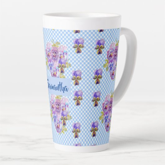 みすぼらしいパンジーフローラブルーギンガムフラワーガールズマグ カフェラテマグ (右アングル)