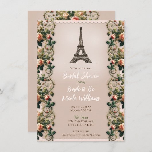 みすぼらしいピンクのローズつる植物フローラブライダルティーシャワー 招待状 (正面/裏面)