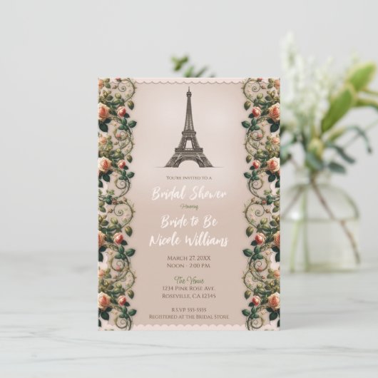 みすぼらしいピンクのローズつる植物フローラブライダルティーシャワー 招待状 (スタンド正面)
