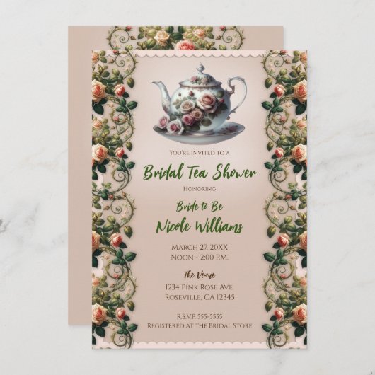 みすぼらしいピンクのローズつる植物フローラブライダルティーシャワー 招待状 (正面/裏面)