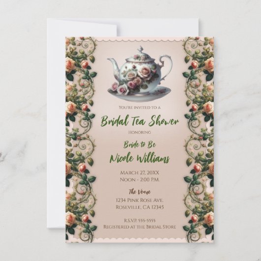 みすぼらしいピンクのローズつる植物フローラブライダルティーシャワー 招待状 (正面)