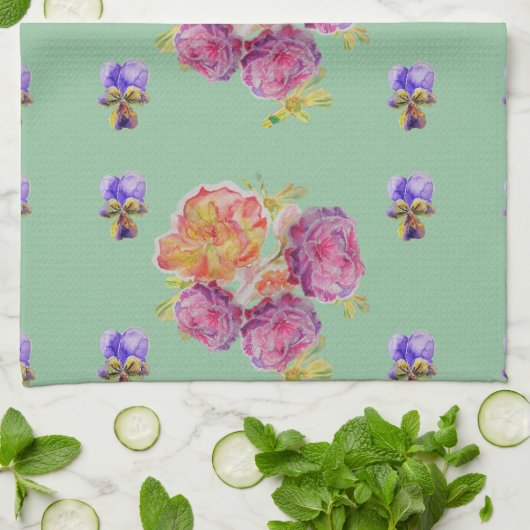 みすぼらしいピンク色のバラが緑のフローラキッチンティータオル キッチンタオル (折り畳み)