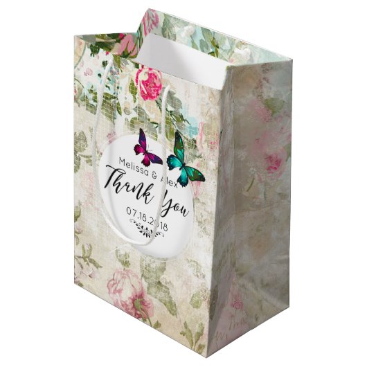 みすぼらしいヴィンテージのコラージュ結婚の蝶 ミディアムペーパーバッグ (正面アングル)