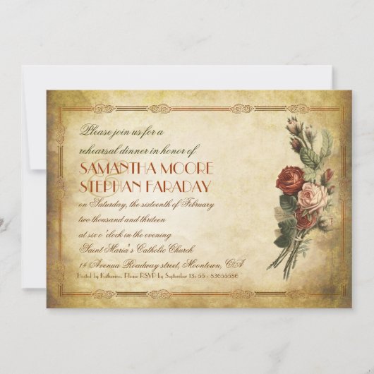 みすぼらしいヴィンテージの古い紙のリハーサルディナー招待状 招待状 (正面)
