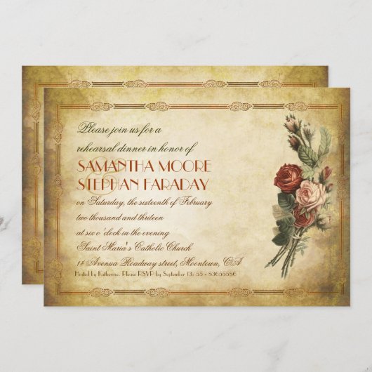 みすぼらしいヴィンテージの古い紙のリハーサルディナー招待状 招待状 (正面/裏面)